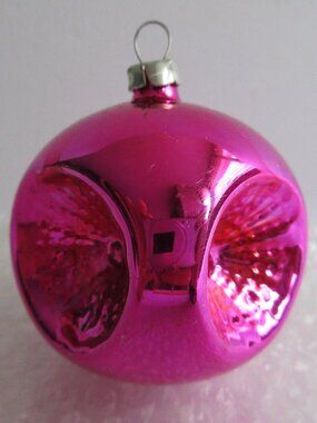 Soviet Union USSR Blown Glass Christmas Ornament Quad 4 Indent Bright Pink Vtg